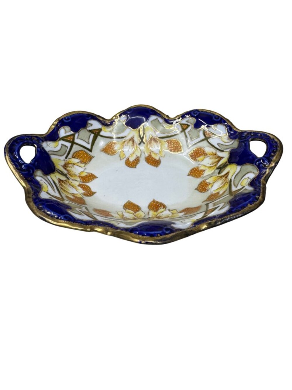 Vintage Imperial Nippon Porcelain Bowl Handles Cobalt Blue Gold Floral Gilt 10.5 - Picture 2 of 10